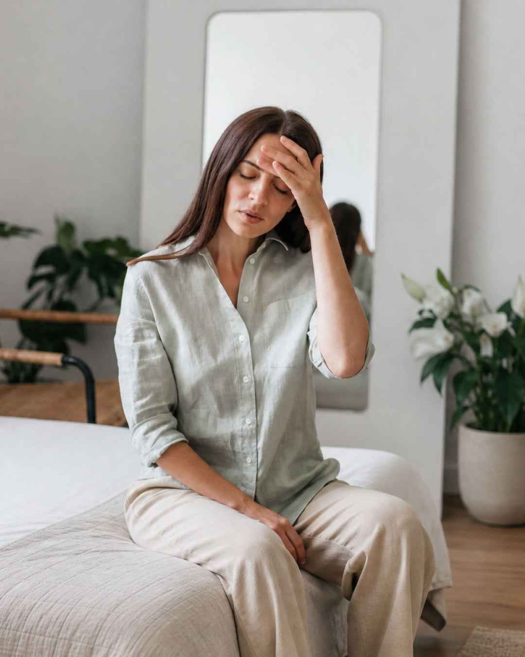 A woman sits on a bed with her hand to her forehead, looking mentally drained.